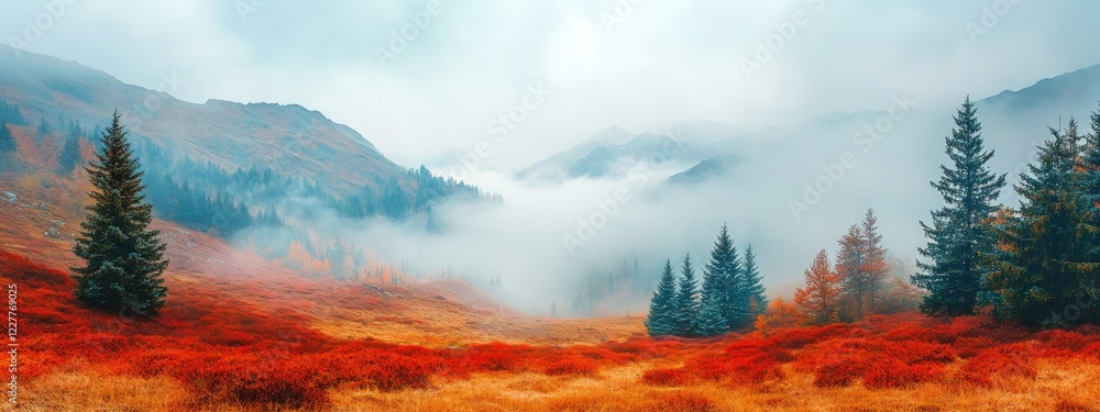 Aufkleber foggy autumn landscape with colorful mountains and vibrant red foliage creating a serene atmosphere 