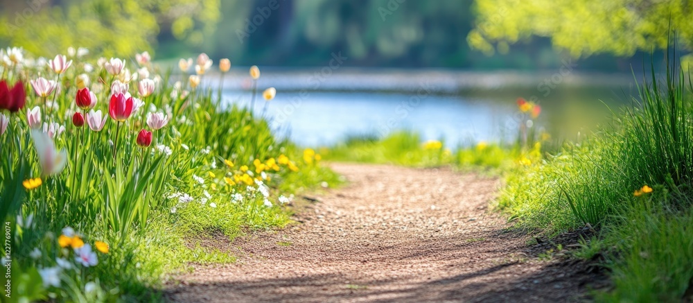 Poster footpath by tranquil lake surrounded by spring flowers with clear space for text or overlaying graph
