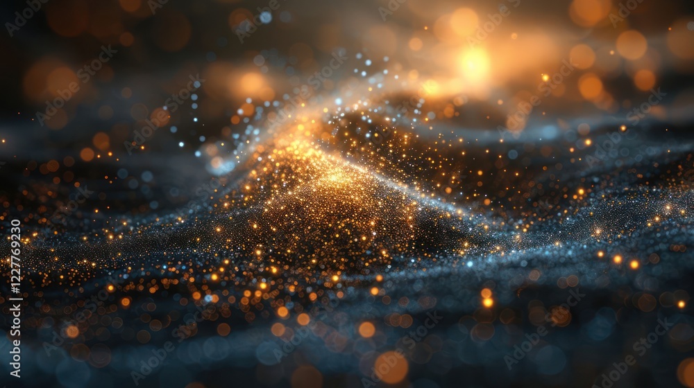 Poster abstract representation of glowing particles in a dark, swirling atmosphere, creating a cosmic effec