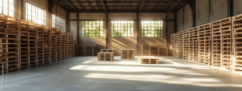 Poster warehouse interior featuring wooden pallets and open wood storage in a bright space with stacked she