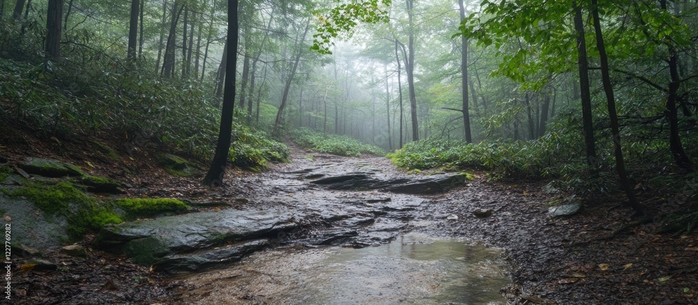 Poster foggy mountain trail through lush forest tranquility ideal for serenity and reflection with ample co