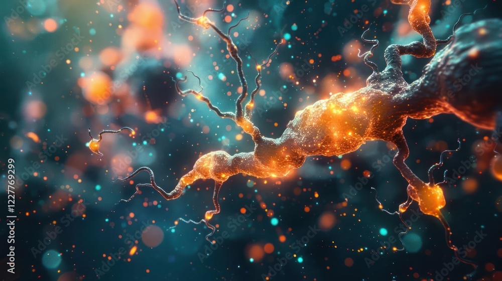 Poster abstract representation of neural connections illuminated with vibrant colors and glowing particles