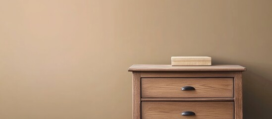 European wooden nightstand in a minimalist room featuring empty space for text against a warm toned wall backdrop.
