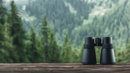 Naklejka premium Black binoculars on a wooden table with forest backdrop