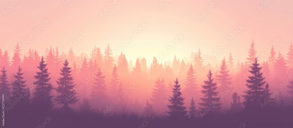 Aufkleber foggy dawn landscape with misty forests and serene atmosphere featuring ample space for text or mess