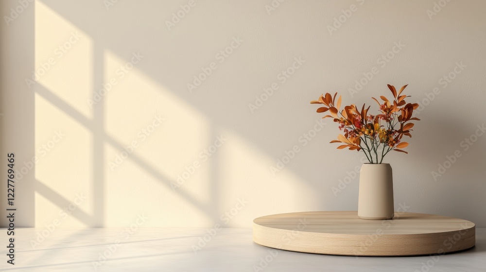 Poster a minimalist scene featuring an earthy vase with flowers and soft shadows cast on a light wall, crea
