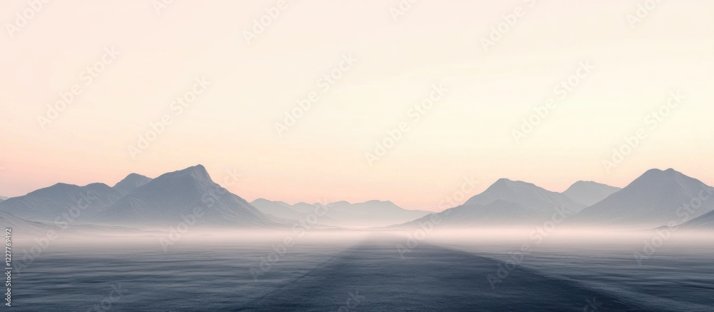 Poster foggy dawn road leading towards mountains with vast empty space for text or graphics in serene lands