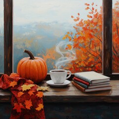 Cozy autumn scene with pumpkin and steaming cup by the window overlooking colorful fall foliage