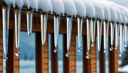 Icicles melting on wooden cabin roof in winter