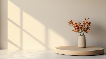 A minimalist scene featuring an earthy vase with flowers and soft shadows cast on a light wall, creating a tranquil atmosphere.