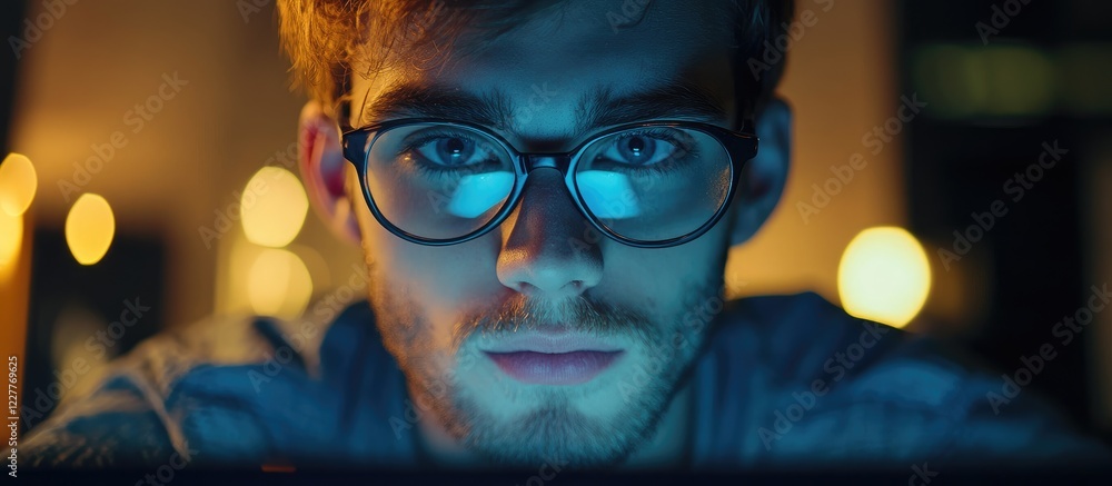 Poster focused young programmer developing innovative software application with illuminated screen and ambi
