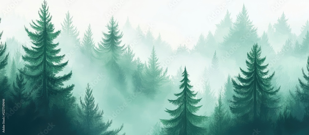Poster serene foggy green forest with tall dense trees creating a tranquil atmosphere and ample space for t