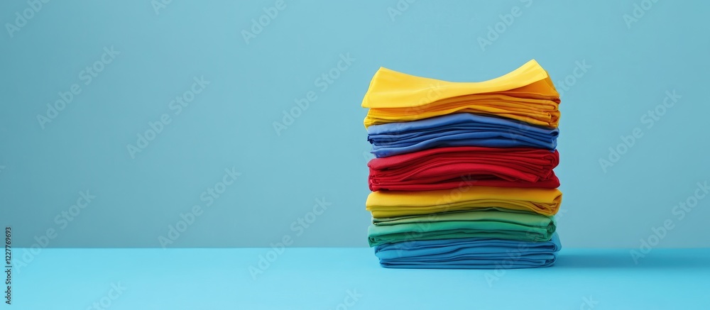 Poster colorful folded clothes stacked neatly on a blue table with empty space for fashion or shopping rela