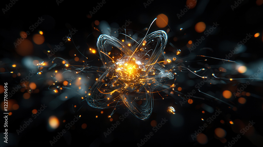 Poster glowing 3d atomic model with intricate details, showcasing energy and motion. this vibrant represent