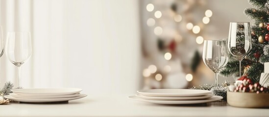 Festive Christmas dinner table setting featuring wine glasses plates and gourmet dishes with empty space for personalized holiday text