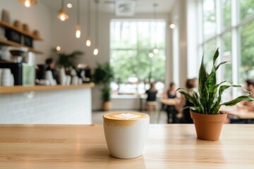 Cozy café interior featuring latte art coffee on wooden table with greenery and customers enjoying a social atmosphere