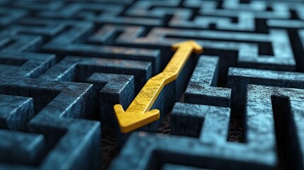 3D rendering: The idea of resolving a challenging issue. Yellow solution path with arrow on the floor and blue maze. Banner dimensions