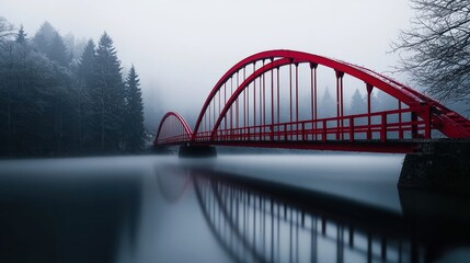 Obraz premium Striking red bridge in a misty winter landscape