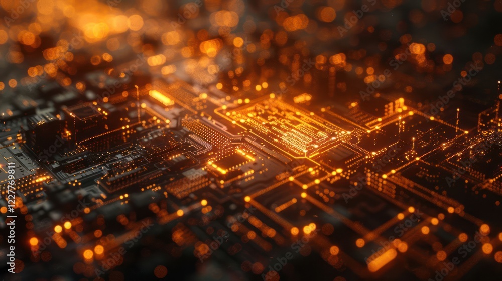 Poster abstract close-up of a glowing circuit board showcasing intricate electronic pathways and connection