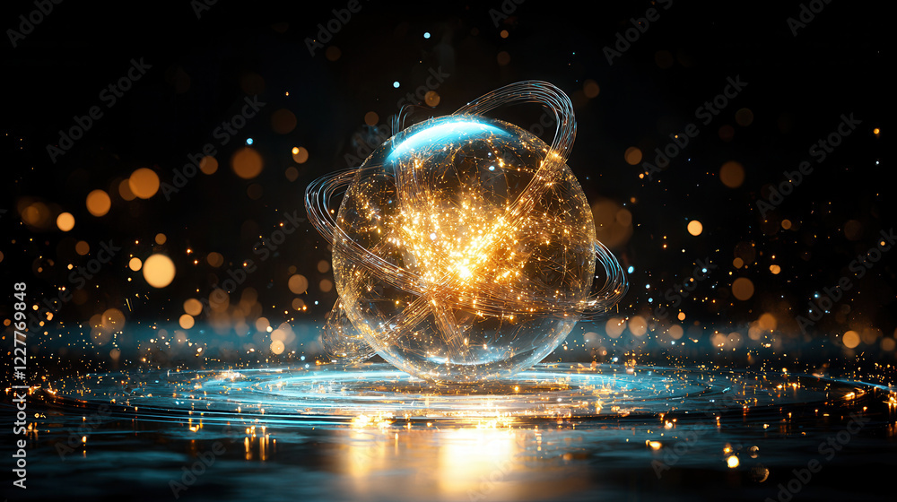 Poster glowing 3d atomic model with intricate details, surrounded by shimmering particles, creates captivat