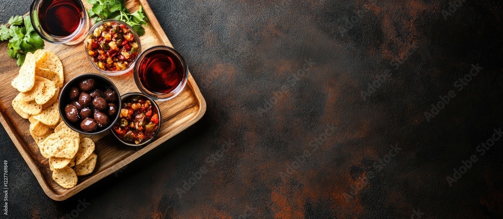 Poster food tray with wine glass and assorted snack bowls on rustic table with empty space for text or bran