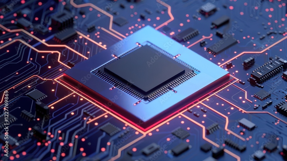 Poster close-up view of a modern microchip on a circuit board with glowing connections and intricate design