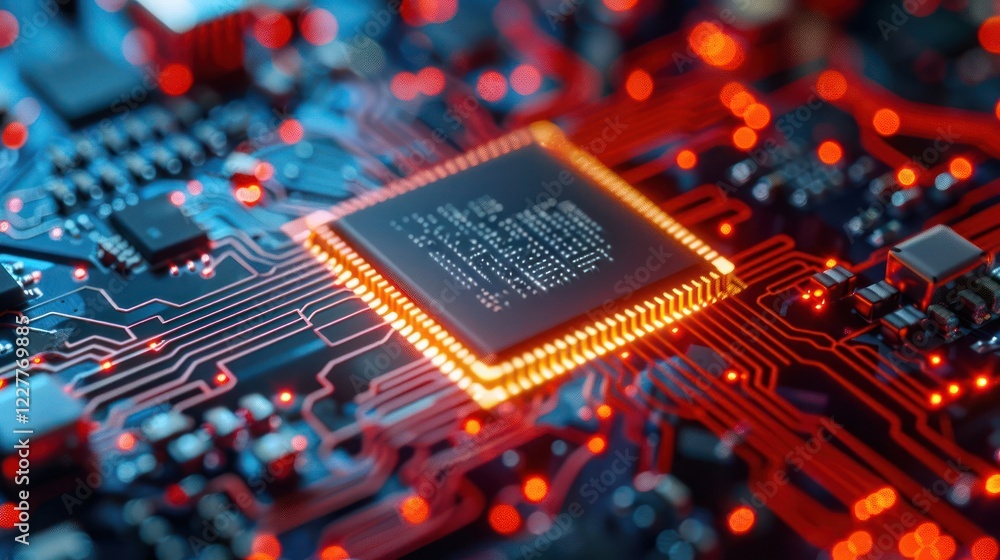 Poster close-up view of a vibrant circuit board with intricate red lines and glowing components