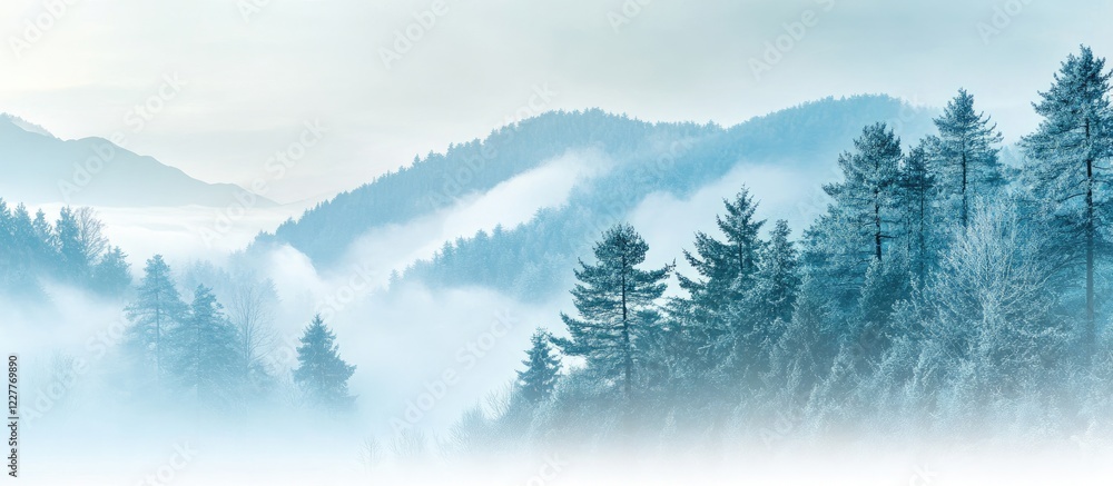 Poster serene foggy winter mountainscape with lush pine trees and empty space for customized text