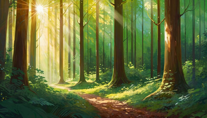 Sunlit forest path with lush green trees