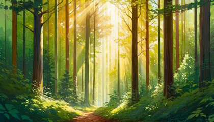 Naklejka premium Sunlit forest path with lush green trees