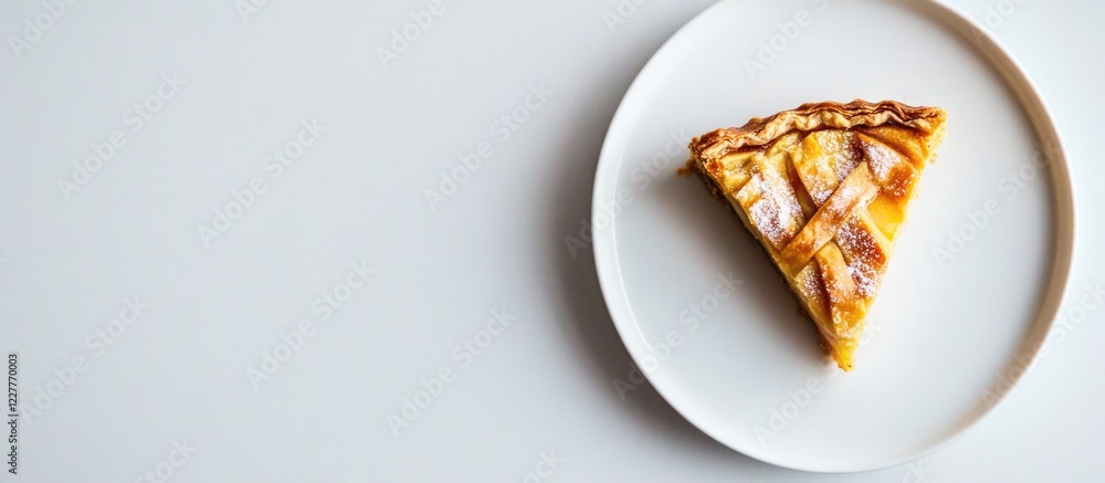 Poster slice of apple pie on a white plate with ample empty space for text in a minimalist food photography