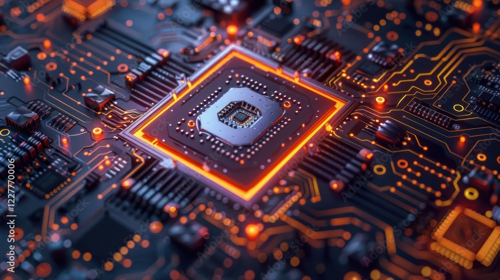 Poster close-up of a glowing microchip on a circuit board with intricate electronic components