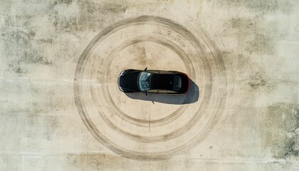 Aerial view of a black car with tire tracks on a concrete surface creating a circular pattern