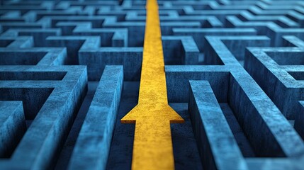 3D rendering: The idea of resolving a challenging issue. Yellow solution path with arrow on the floor and blue maze. Banner dimensions