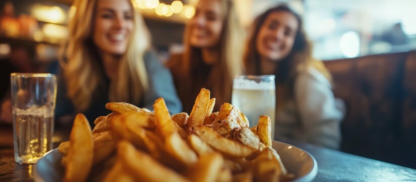 Girls laughing and sharing potato wedges at a lively pub with empty space for personalized text or promotional content