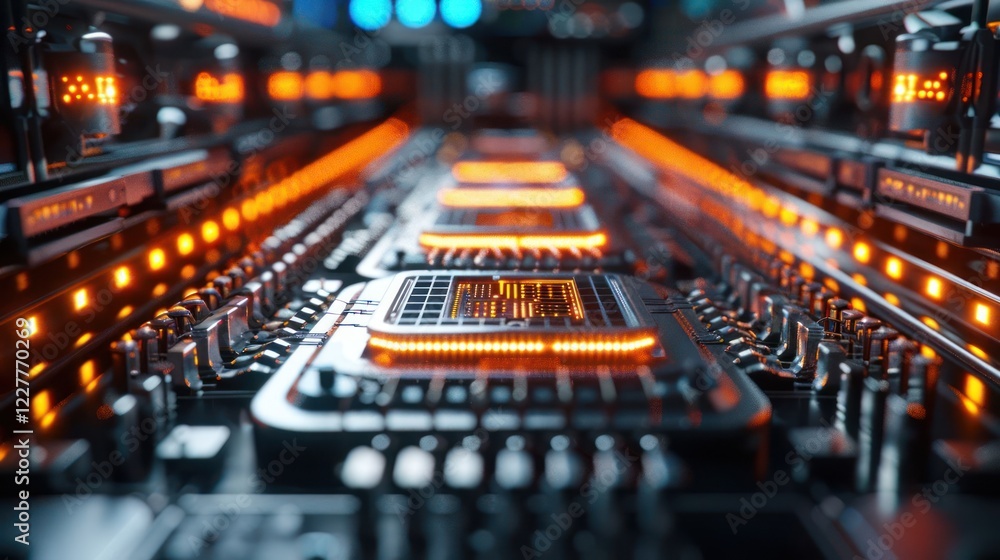Poster close-up view of illuminated computer circuitry showcasing intricate details and vibrant colors