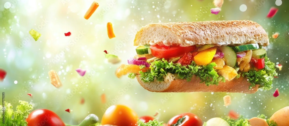 Poster flying sandwich with fresh assorted vegetables surrounded by colorful ingredients and empty space fo