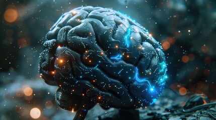 Futuristic depiction of a glowing brain surrounded by abstract particles and vibrant colors