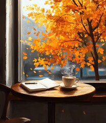 Cozy coffee moment by the window with autumn leaves and sunlight illuminating a warm inviting atmosphere