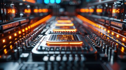 Obraz premium Close-up view of illuminated computer circuitry showcasing intricate details and vibrant colors