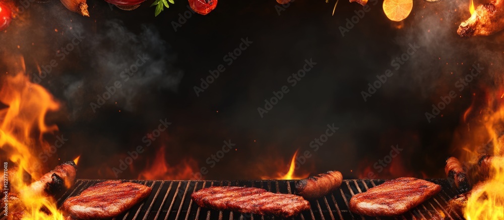 Aufkleber grilled meat sizzling on barbecue with flames and smoke creating an empty space for text or advertis
