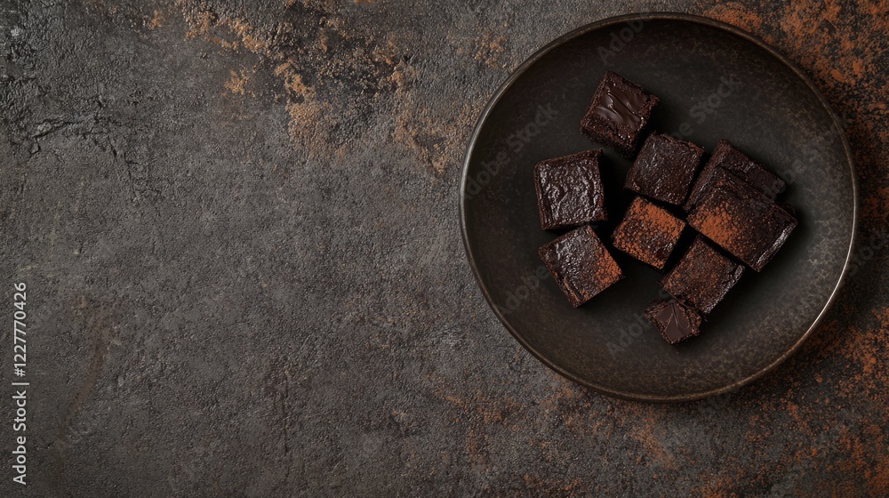 Poster plate of brownies with chocolate ganache on textured granite background with ample copyspace for tex