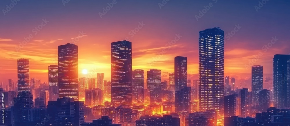 Poster sunset cityscape featuring illuminated skyscrapers with vibrant sky colors and ample empty space for