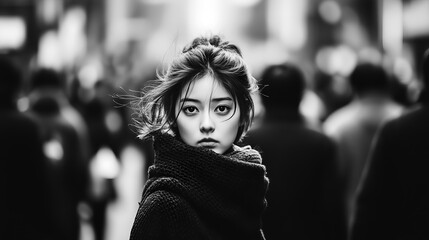 A pensive woman navigating a crowded urban environment, embodying solitude amidst a sea of people, captured in striking monochrome
