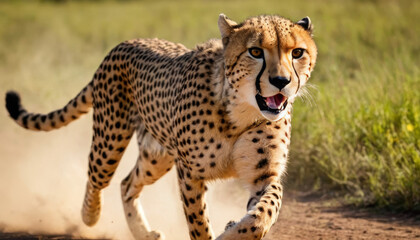 Cheetah running fast on grassy savanna