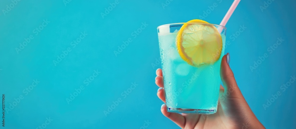 Aufkleber refreshing light blue cocktail in hand with lemon slice and empty copyspace for text on a vibrant ba