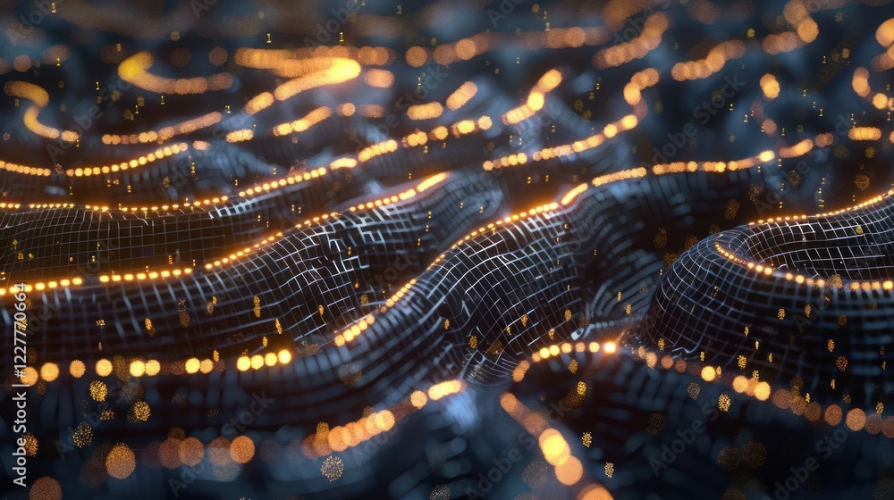 Poster abstract representation of flowing digital waves illuminated by glowing particles in a dark space
