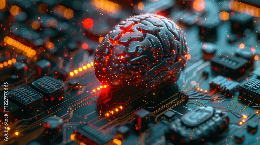 Poster a futuristic brain sits atop a glowing circuit board, symbolizing ai and technology integration