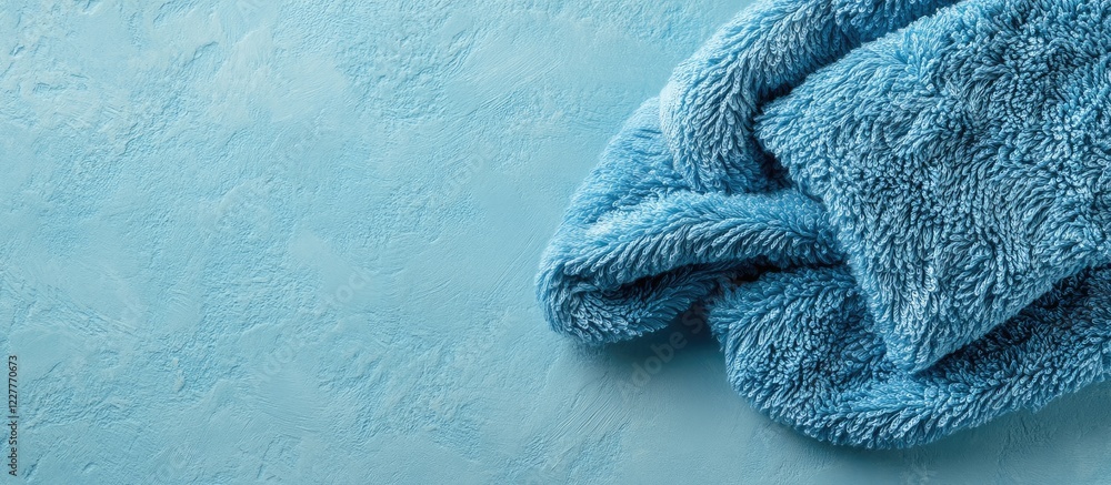 Poster folded soft blue plush towels on calm neutral background with space for text or branding