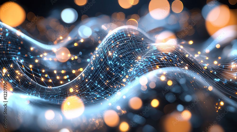 Poster glowing waves of light and data create mesmerizing digital landscape